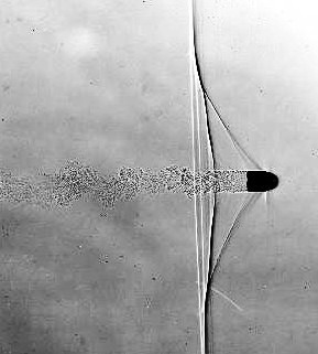 shadowgraph of shockwaves and turbulent wake around a bullet