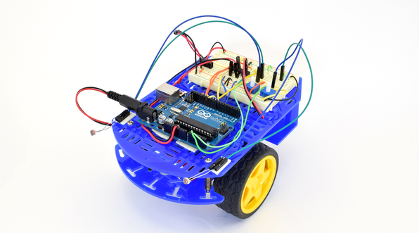 A BlueBot robot chassis with light sensors mounted on the front
