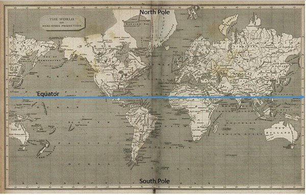 Mercator map with the equator, the north and south pole indicated.