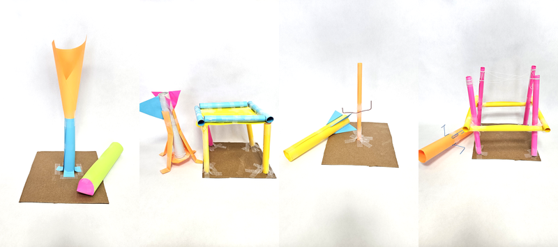 Four different rocket-catching devices and their respective rockets