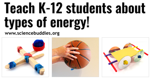 Mini popsicle stick catapult, basketball held up, and toy car with straw bumper system to represent collection of STEM lessons and activities to teach about energy