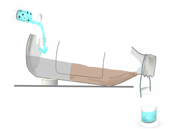 A slightly tilted container with a collection cup hanging from the spout. Polluted water is being poured on the clay surface in the container. The collection cup is one-third full with water that is less polluted.