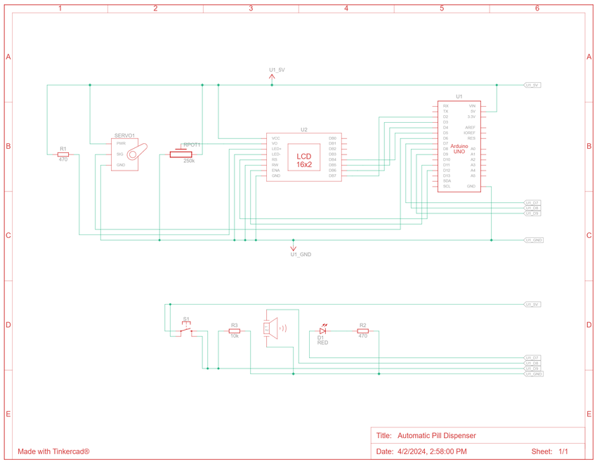 Circuit schematic for automatic pill dispenser circuit