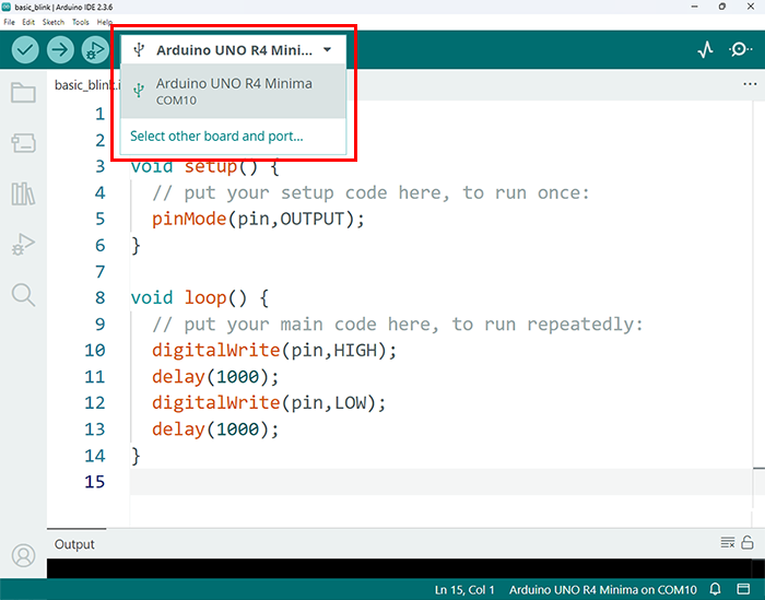 Select the Arduino board in the Arduino IDE